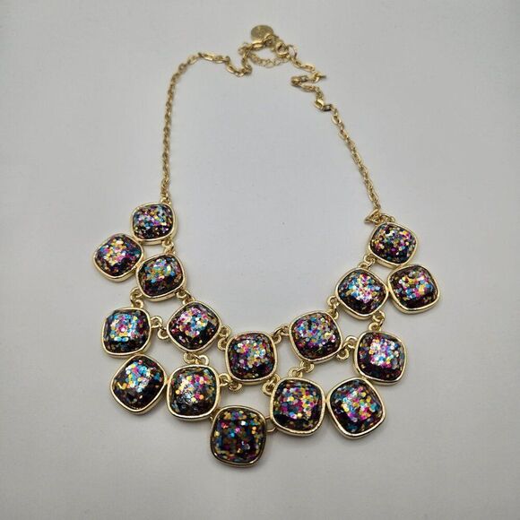 Betsey Johnson Liz Claiborne Rainbow Sparkle Bib Necklace Earrings Gold Tone Set - Picture 6 of 12